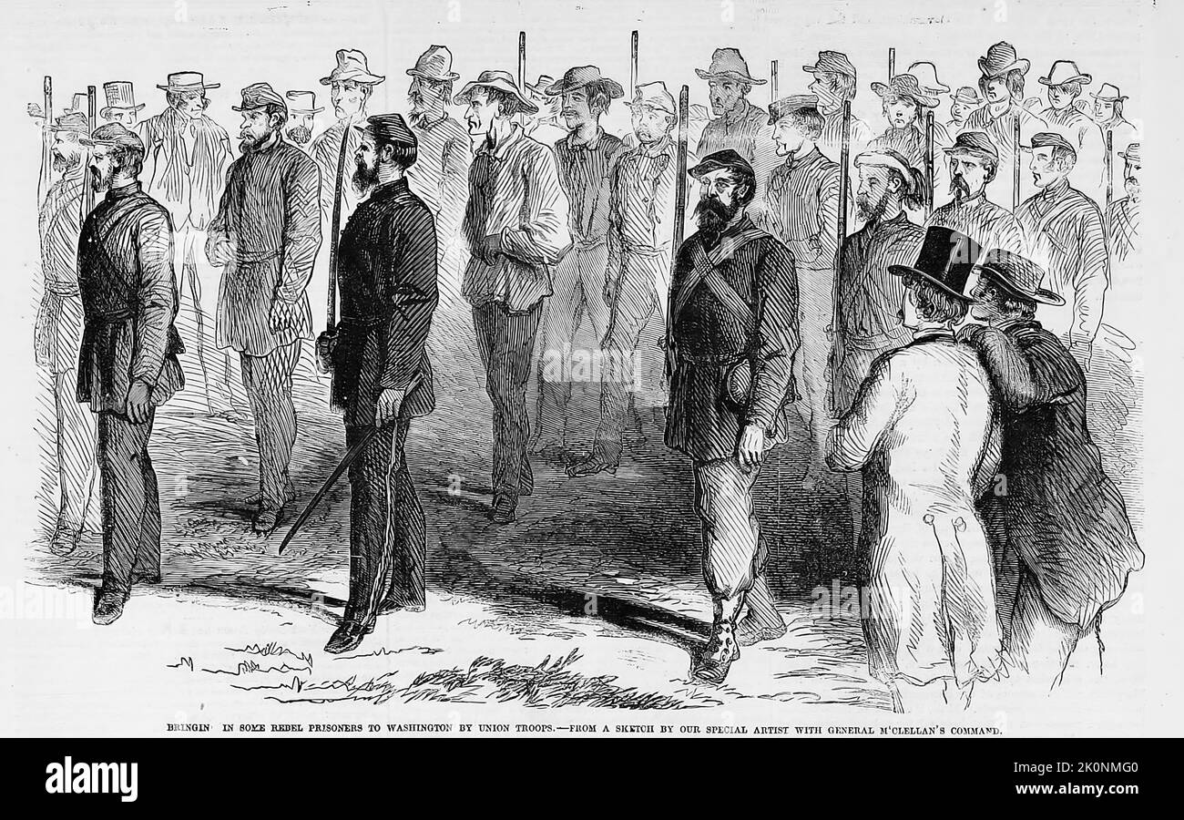 Bringing in some Rebel prisoners to Washington by Union troops. September 1861. 19th century American Civil War illustration from Frank Leslie's Illustrated Newspaper Stock Photo