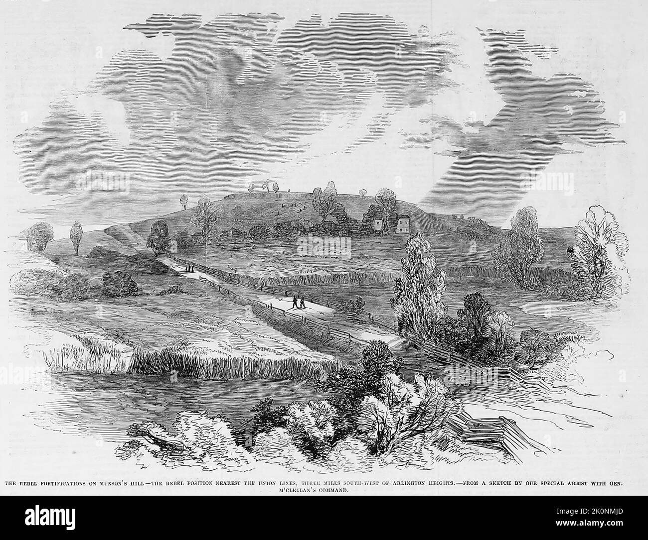 The Rebel fortifications on Munson's Hill - The Rebel position nearest the Union lines, three miles southwest of Arlington Heights, Virginia. September 1861. 19th century American Civil War illustration from Frank Leslie's Illustrated Newspaper Stock Photo