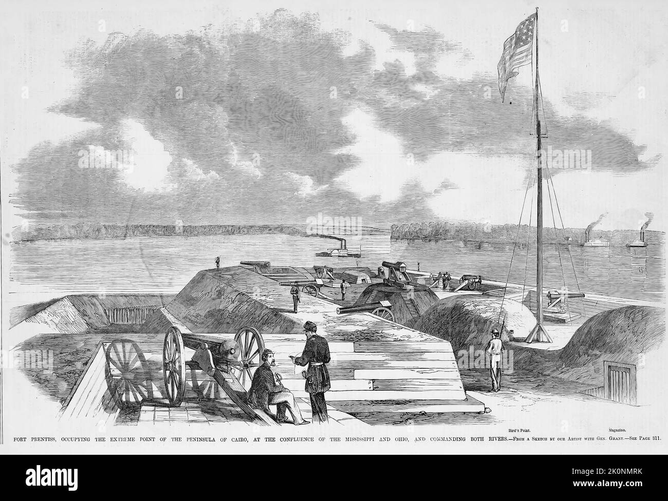 Fort Prentiss, occupying the extreme point of the peninsula of Cairo, Illinois, at the confluence of the Mississippi and Ohio Rivers, and commanding both rivers. September 1861. 19th century American Civil War illustration from Frank Leslie's Illustrated Newspaper Stock Photo
