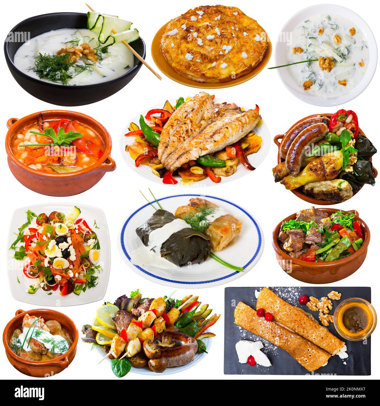 Different dishes of traditional Bulgarian cuisine with meat and vegetables isolated Stock Photo