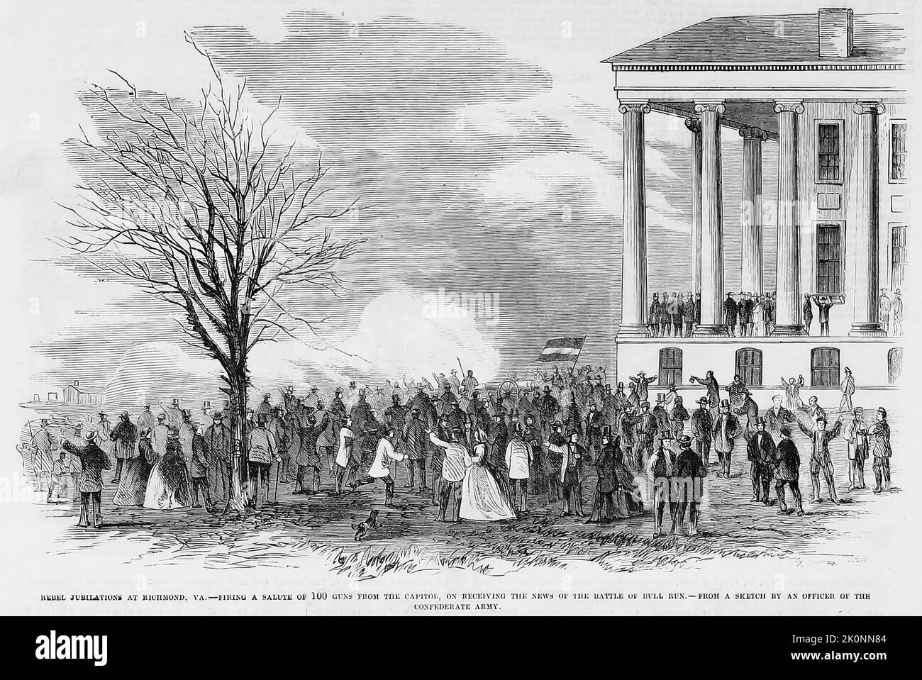 Rebel jubilations at Richmond, Virginia - Firing a salute of 100 guns from the Capitol, on receiving the news of the First Battle of Bull Run, July 1861. 19th century American Civil War illustration from Frank Leslie's Illustrated Newspaper Stock Photo