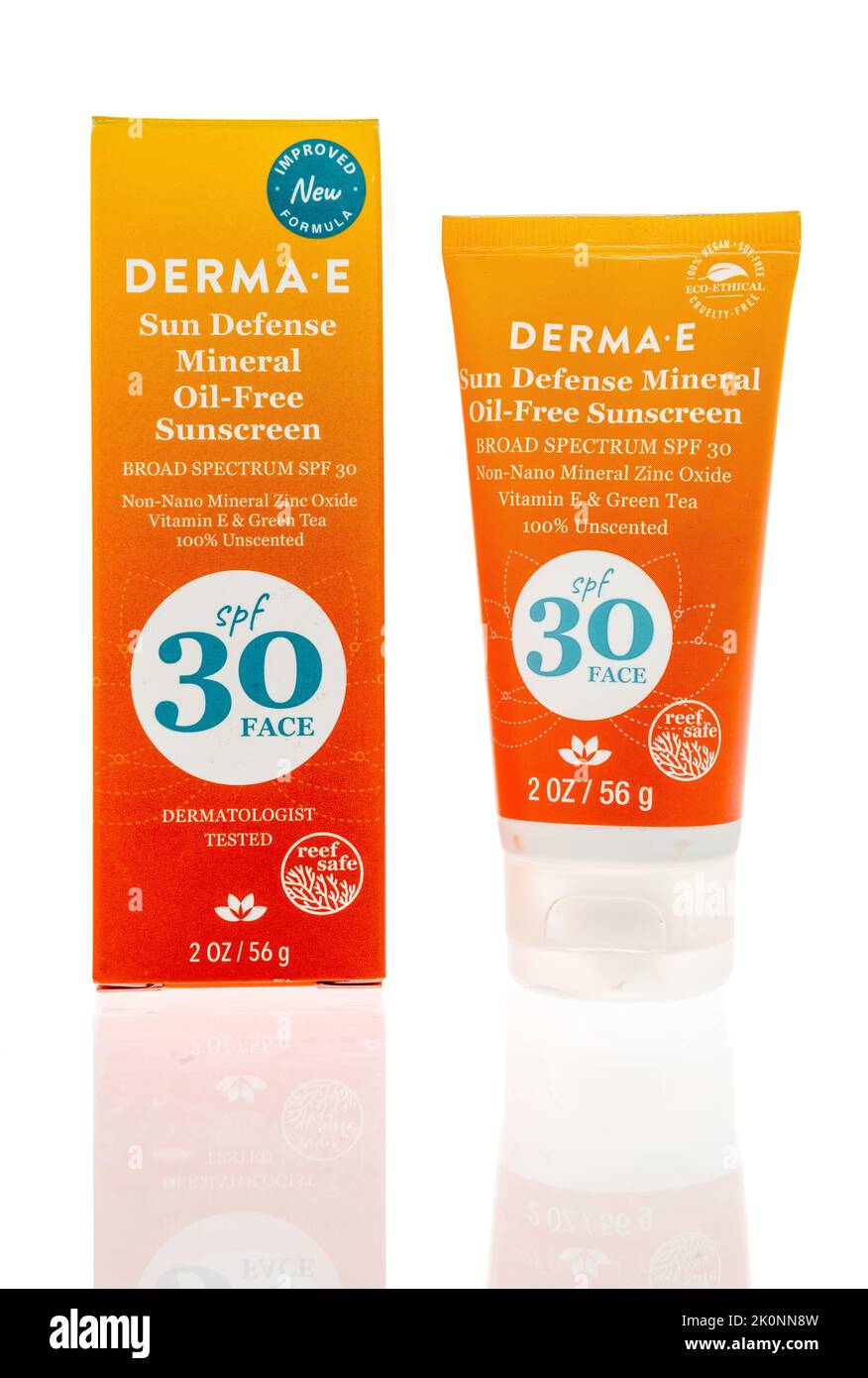 Winneconne, WI - 5 July 2022: A package of Derma E sun defense mineral oil free sunscreen on an isolated background. Stock Photo