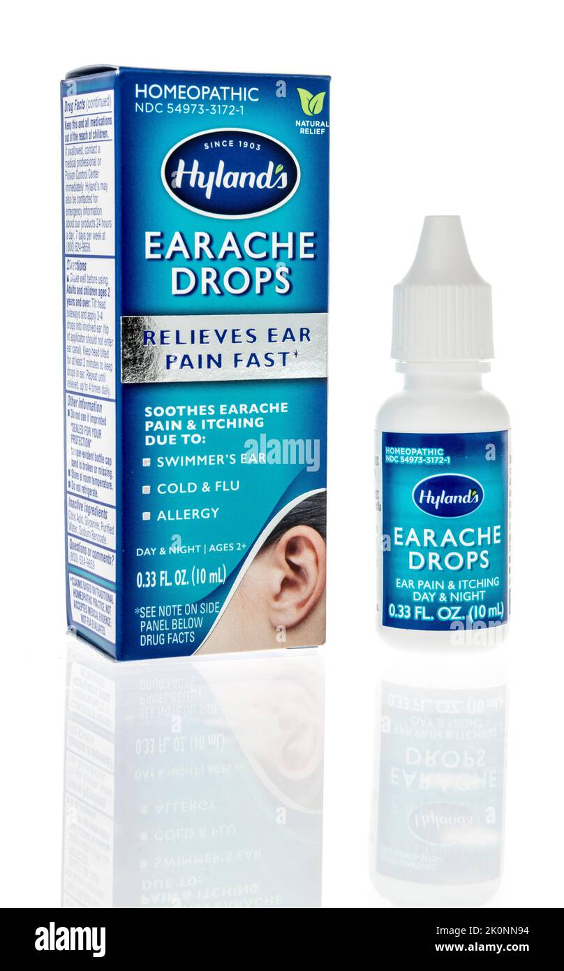 Winneconne, WI - 5 July 2022: A package of Hylands earache drops soothing earache pain swimmers ear on an isolated background. Stock Photo