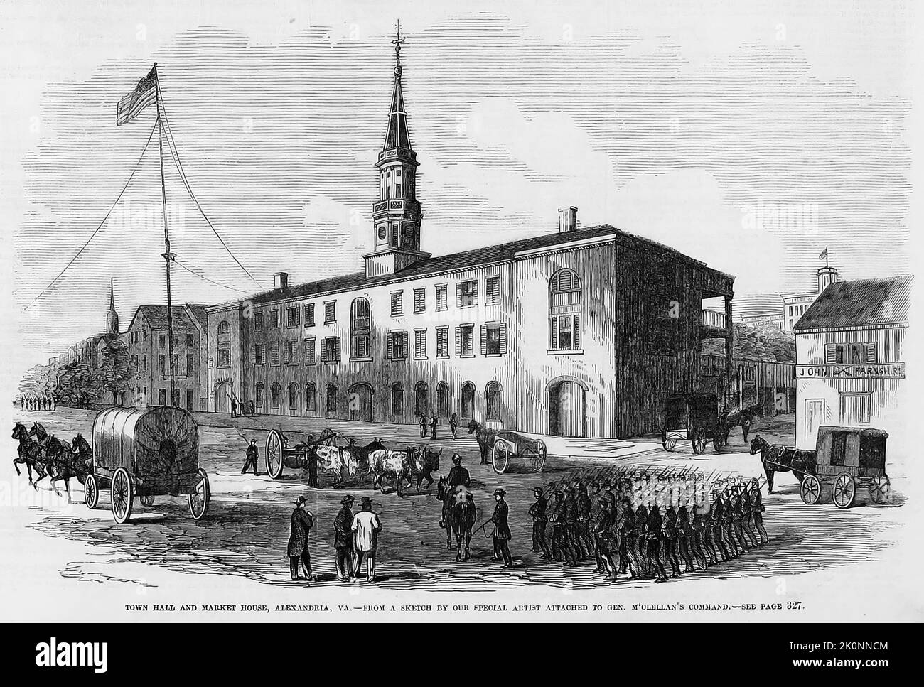 Town Hall and Market House, Alexandria, Virginia. October 1861. 19th century American Civil War illustration from Frank Leslie's Illustrated Newspaper Stock Photo