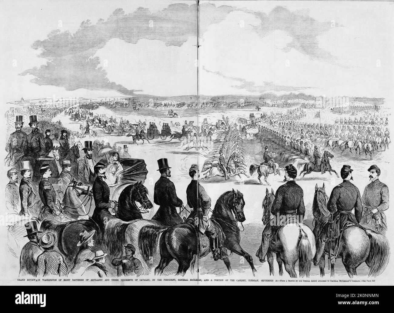 Grand Review in Washington of eight batteries of artillery and three regiments of cavalry, by President Abraham Lincoln, General George Brinton McClellan, and a portion of the Cabinet, September 24th, 1861. 19th century American Civil War illustration from Frank Leslie's Illustrated Newspaper Stock Photo