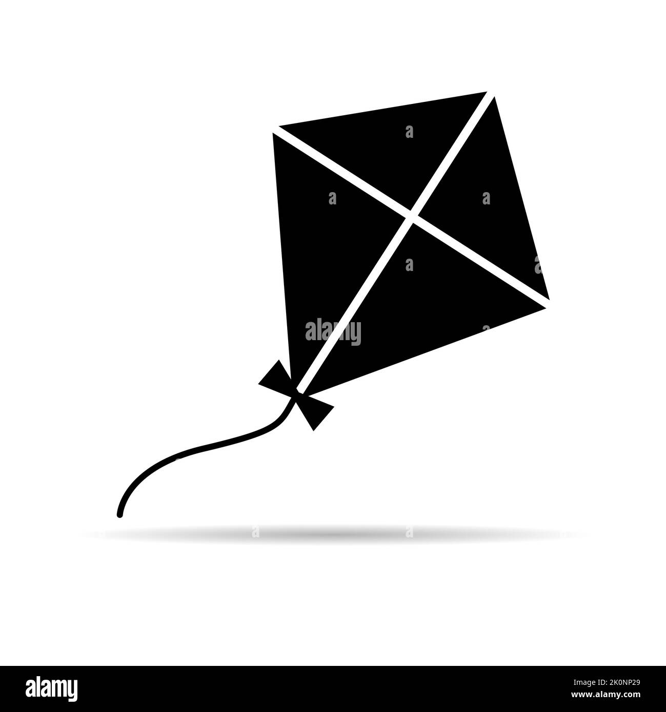 Fly kite icon with shadow, hobby outdoor activity symbol, wind air game