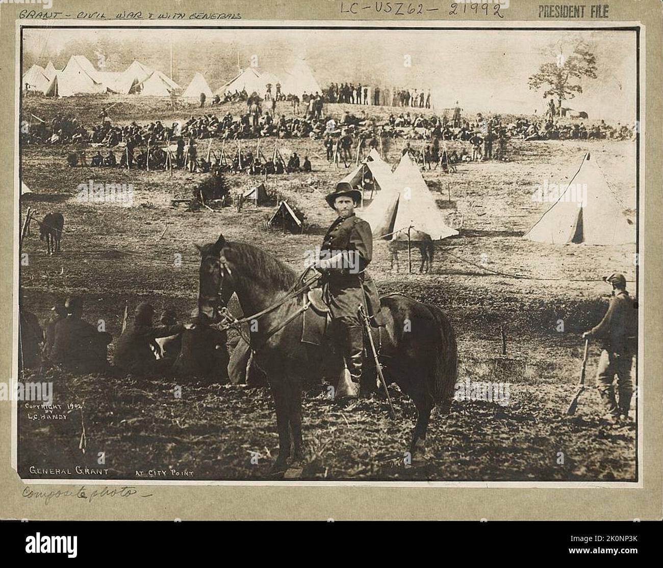 Composite photo that supposedly shows president Ulysses S. Grant on horseback at City Point, Virginia. In fact this photo is a composite of three negatives, all dating to 1864: the head was lopped off an informal portrait of Grant; the rider’s body belongs to Union Army General Alexander McDowell McCook; and the background shows an internment camp for Confederate soldiers. Stock Photo