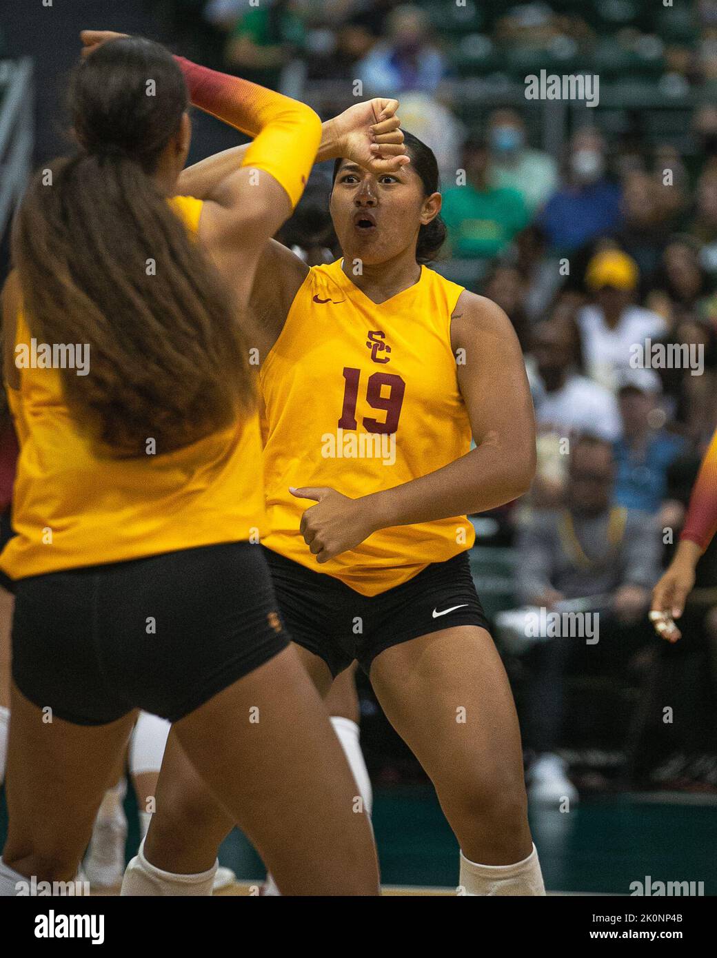 Honolulu, Hawaii. September 10, 2022 USC setter Mia Tuaniga (19) gets