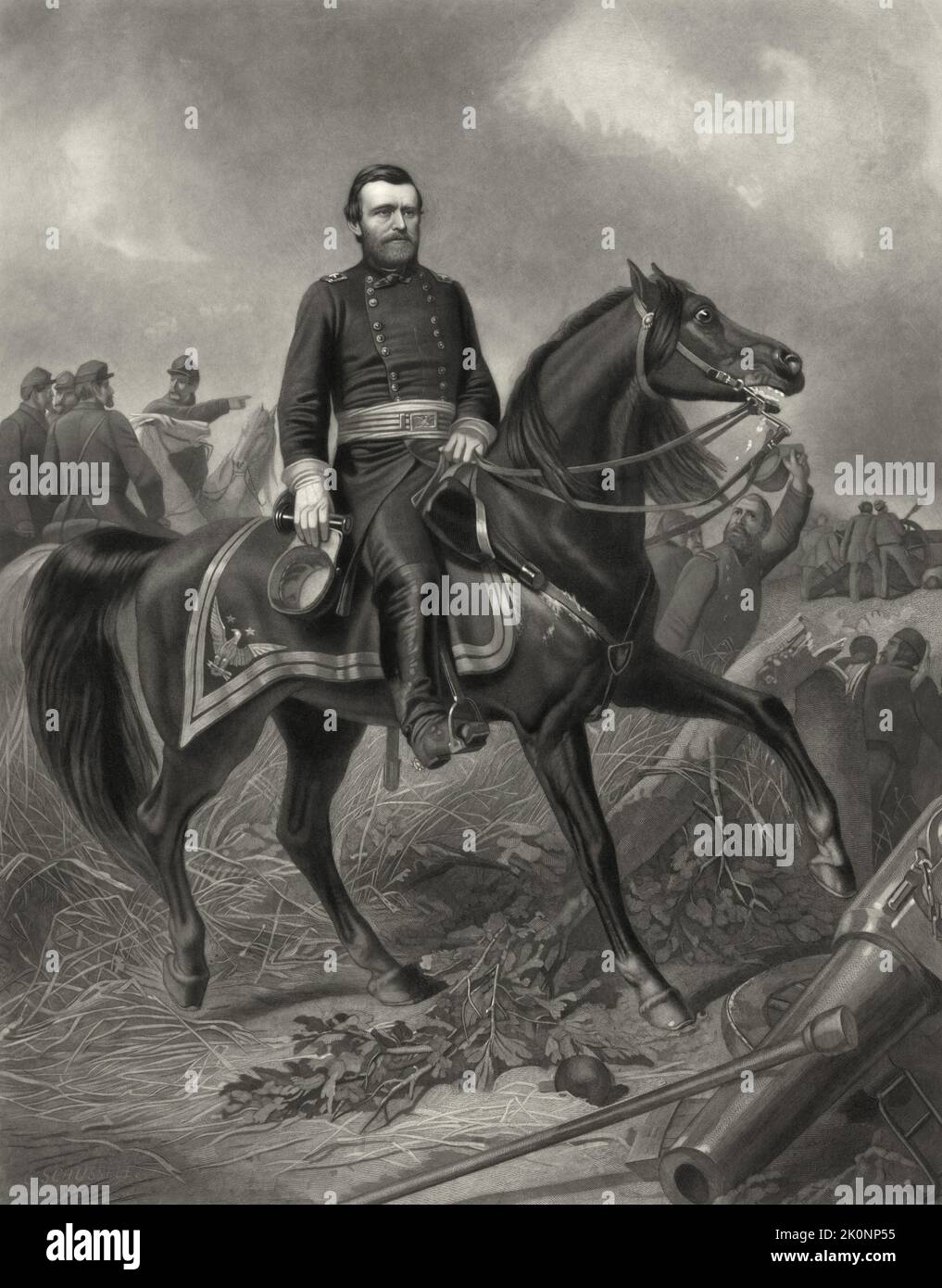 An engraving of Ulysses Grant during the Civil War on his war horse Cincinatti Stock Photo