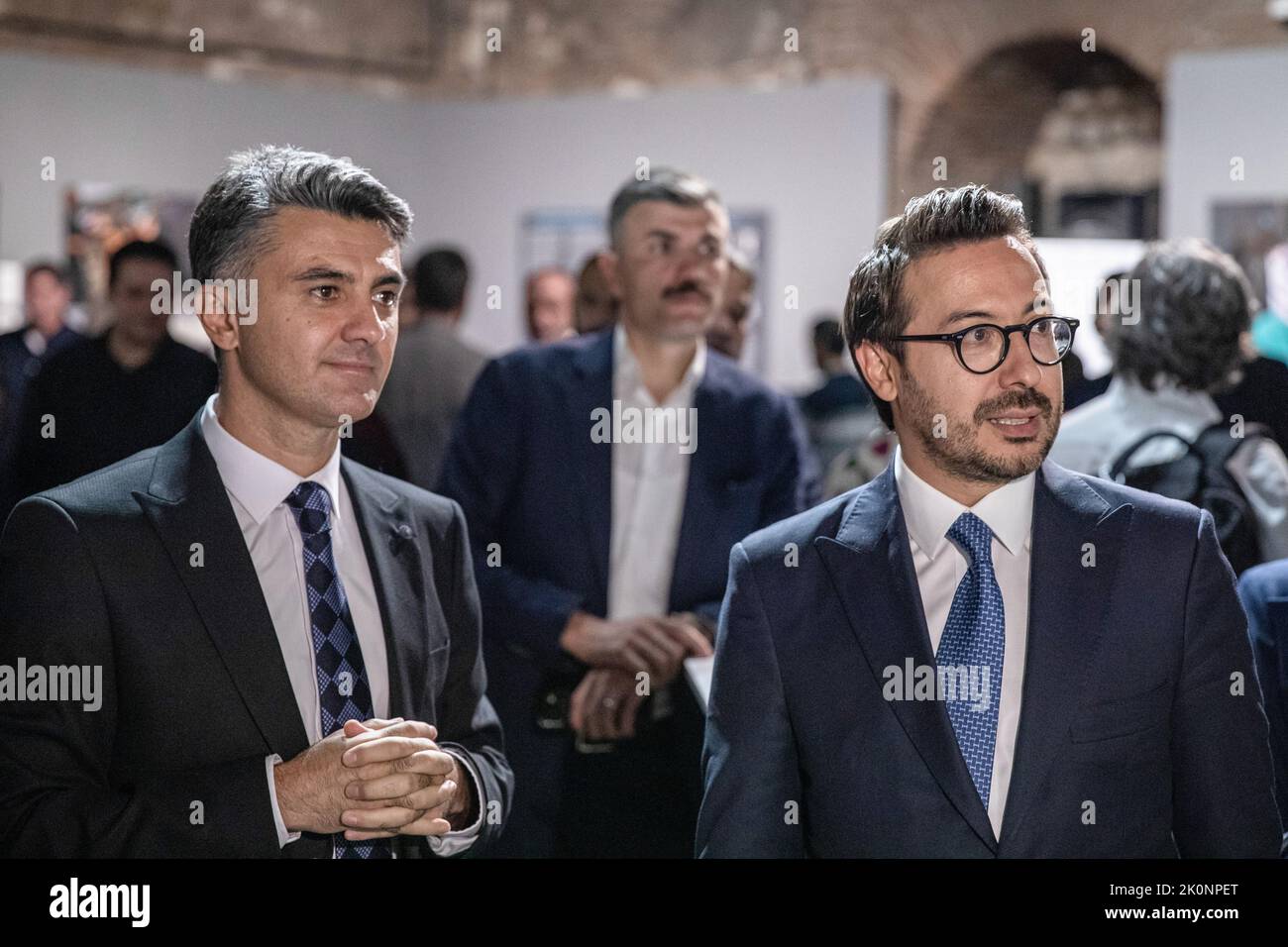 Istanbul, Turkey, 12/09/2022, Anadolu Agency General Manager Serdar Karagoz (right) and Anadolu Agency Visual News Editor Firat Yurdakul (left) seen looking at the photographs exhibited at the Istanbul Photo Awards 2022. Istanbul Photo Awards 2022 Exhibition At Mimar Sinan Fine Arts University Tophane-i Amire Culture and Art Center, at the Single Dome building, with the participation of Anadolu Agency General Manager Serdar Karagoz, after the opening speech, Mimar Sinan Fine Arts University Rector Prof. Dr. Handan ?nci Elci opened with the presence of Beyoglu Mayor Haydar Ali Yildiz and guests Stock Photo