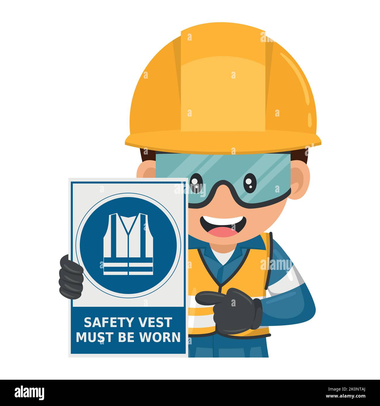Industrial worker with warning sign of mandatory use of safety vest