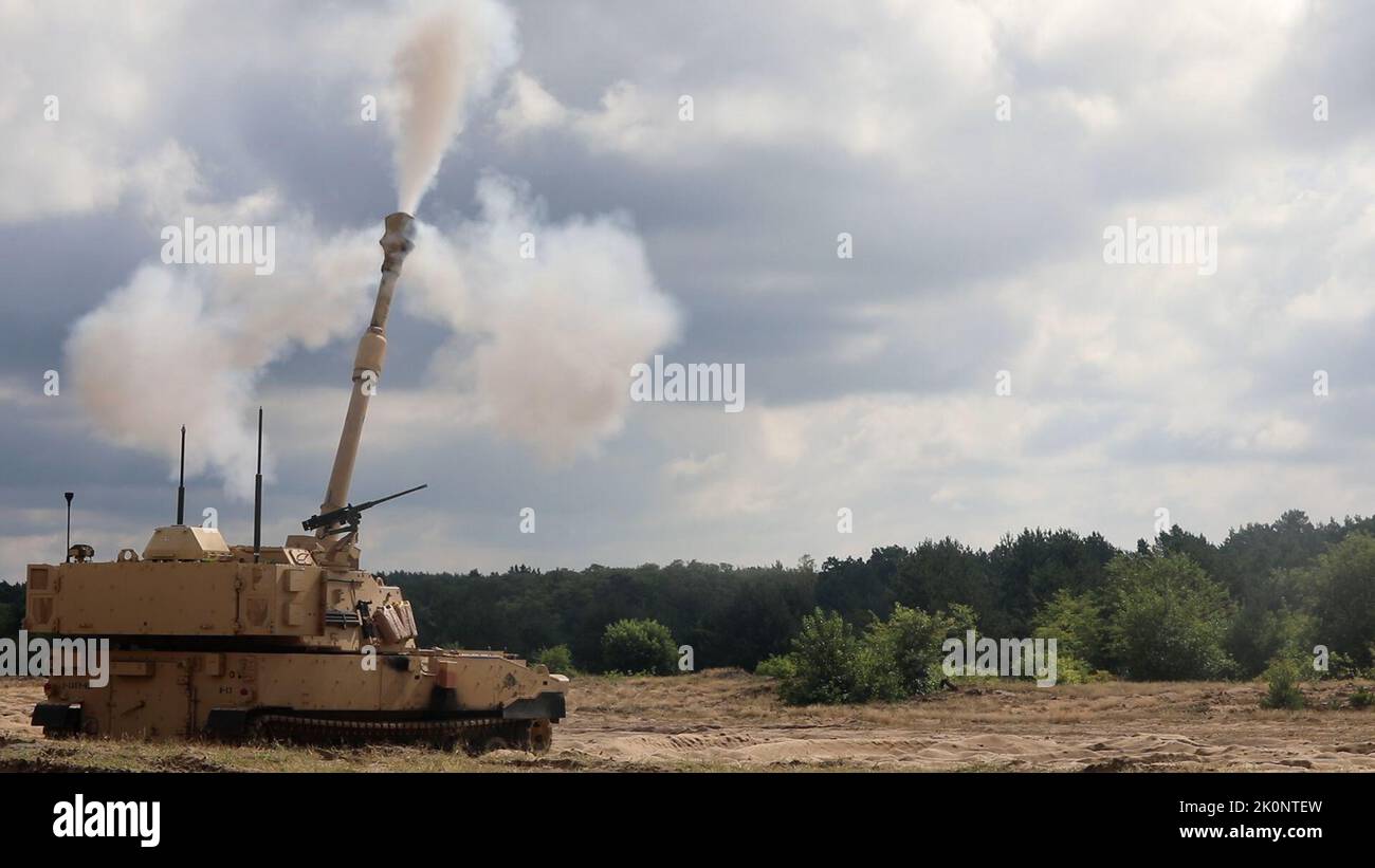 U.S. Army soldiers assigned to 2-82 Field Artillery Regiment, 3rd Armored Brigade Combat Team, 1st Cavalry Division, conduct their artillery table 6 certifications. Training like this ensures unit readiness in order to strengthen the partnership with NATO allies and regional security partners. Stock Photo