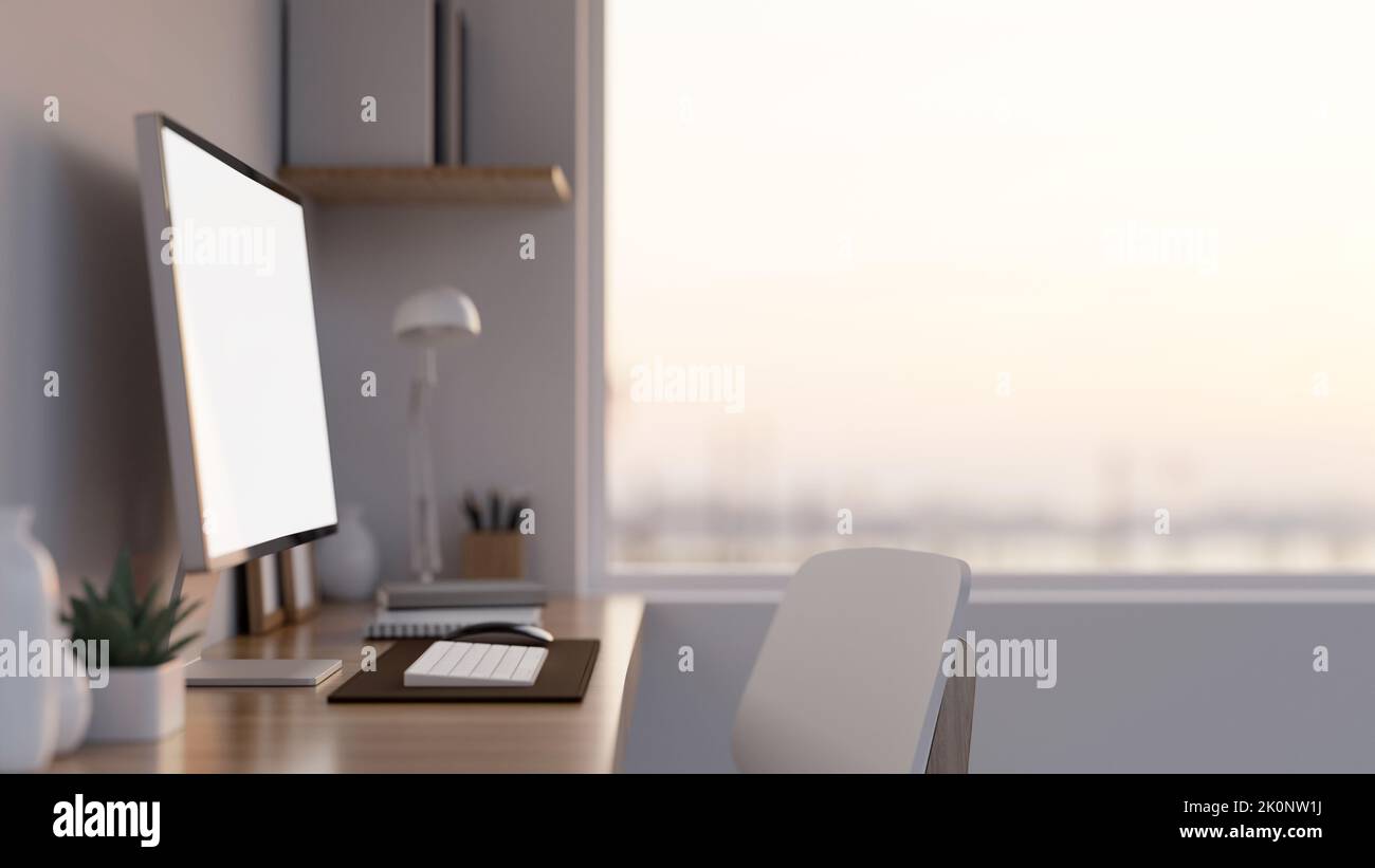 Modern home office workstation in rear view with pc desktop computer ...