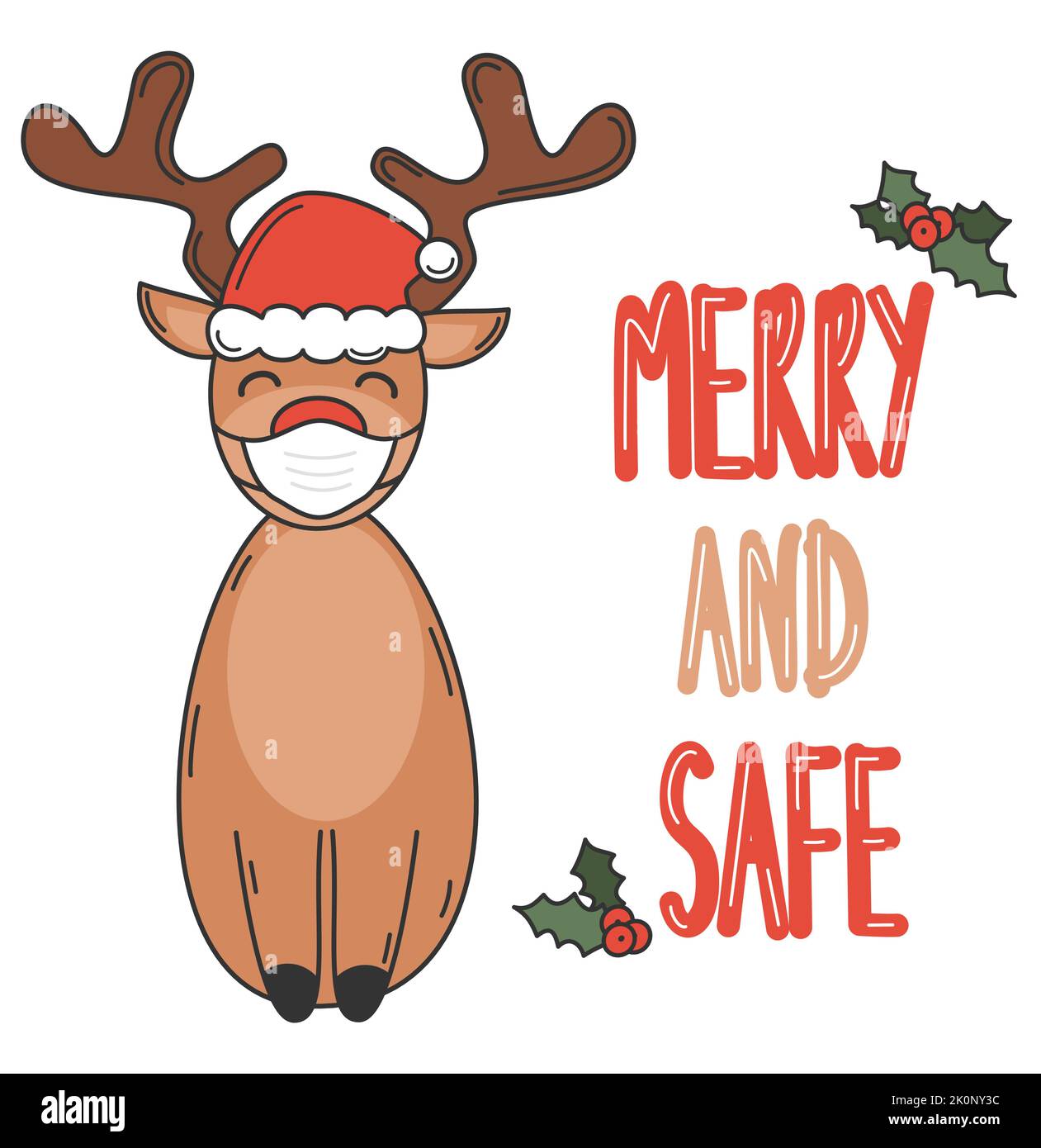 Cute hand drawn lettering merry and safe quote with reindeer with