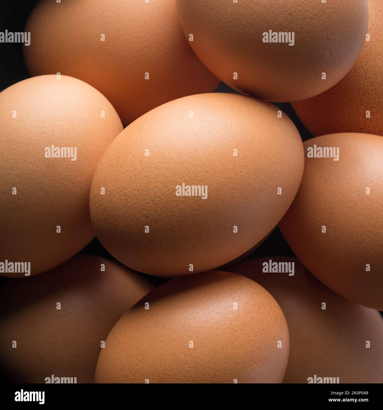 close-up view of pile of fresh brown chicken eggs, taken straight from above, healthy organic food concept Stock Photo