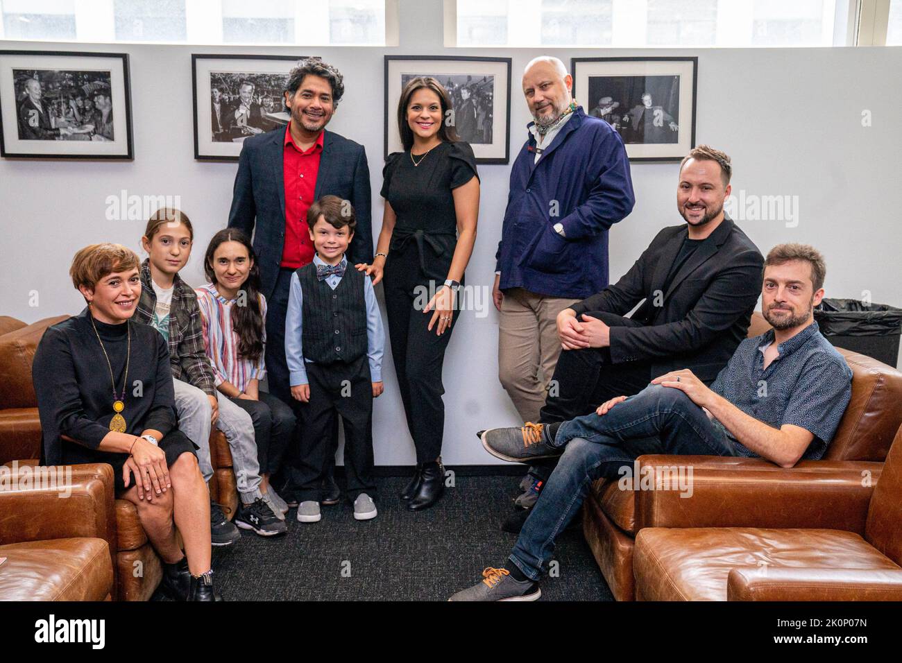 Toronto, Canada. 11th Sep, 2022. Catalina Pop (L), Katherine Jerkovic (L3), Jorge Martinez Colorado (L4), Enzo Desmeules (L5), Eva Avila (C), Nicolas Comeau (R3), Francis Cantin (R2) in green room, awaiting the premiere of 'Coyote' at TIFF Bell Lightbox theatre during the Toronto International Film Festival. Credit: SOPA Images Limited/Alamy Live News Stock Photo