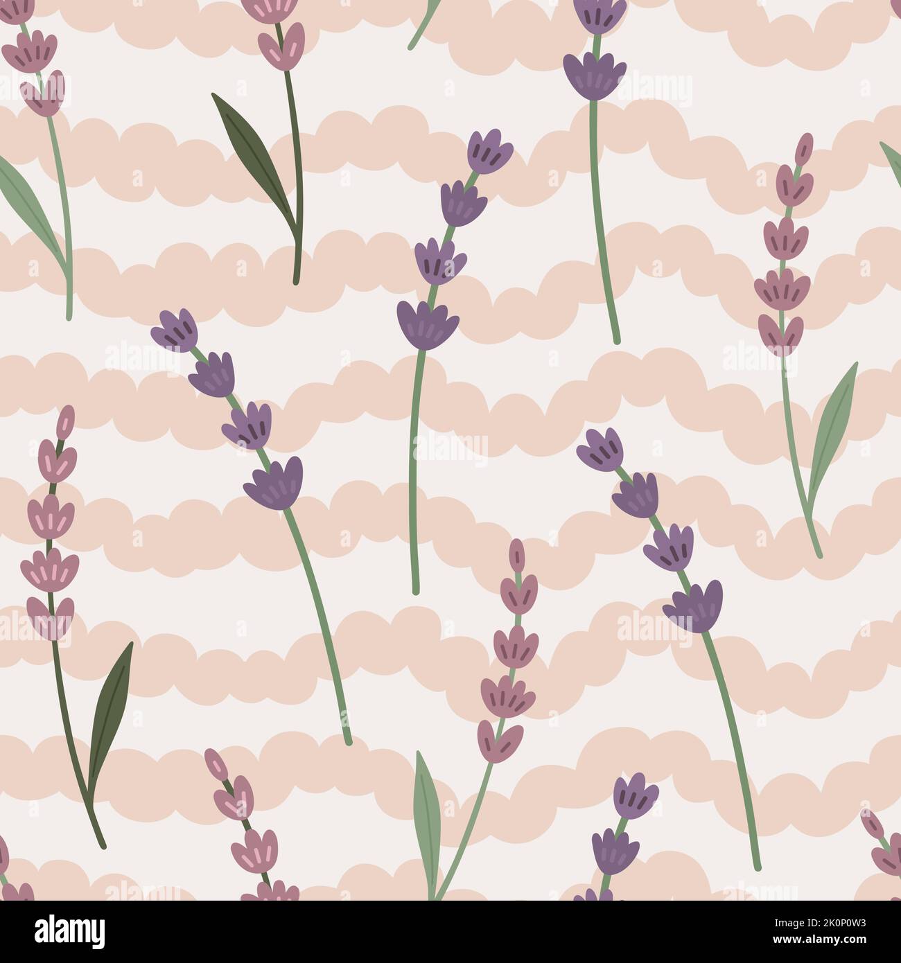 Wave curly and lavender branches pattern Stock Vector