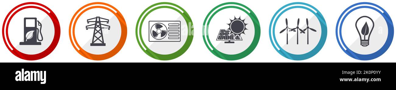 Renewable energy vector icon set, flat design circle web buttons, technology concept illustration Stock Vector