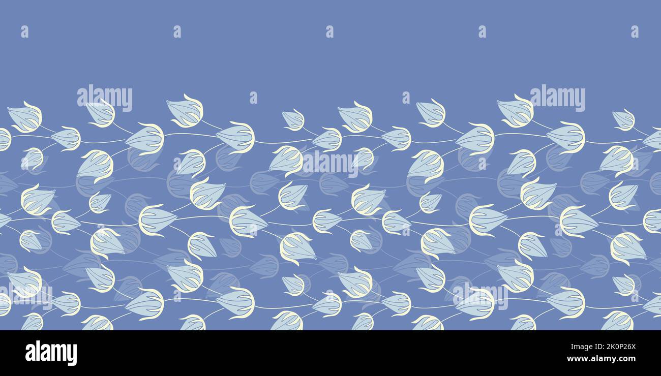 Blue rose buds horizontal rows vines vector seamless border pattern background. Stock Vector