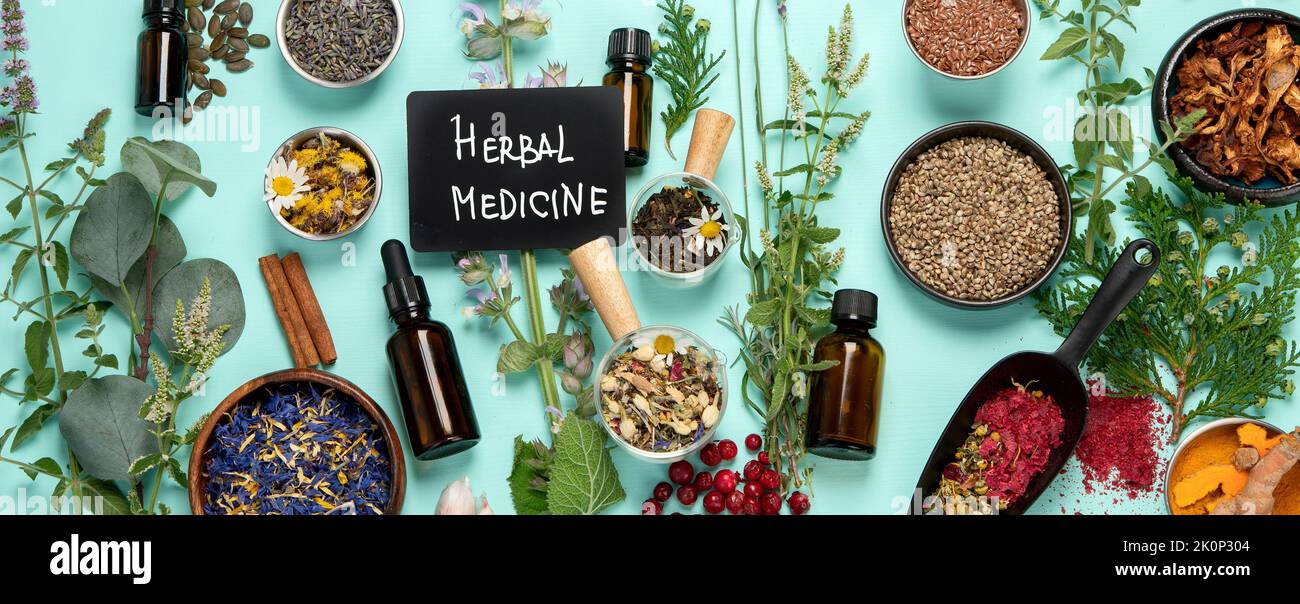 Alternative herbal medicine on green background. Homeopatic flower and herbs remedies. Top view, panorama Stock Photo