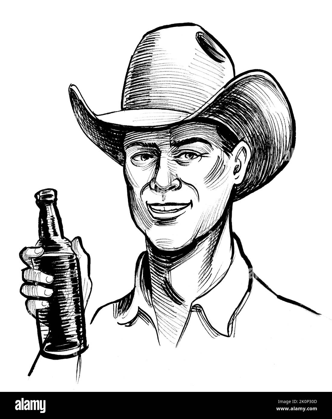 Cowboy drinking a bottle of beer. Ink black and white drawing Stock