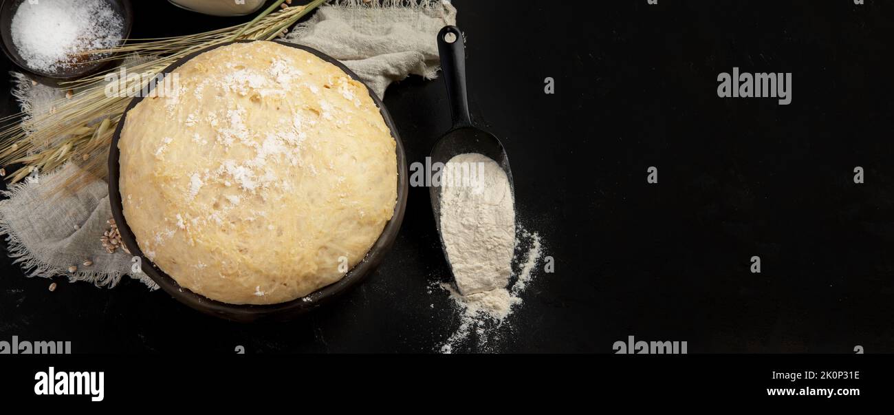 Raw dough pastry in a bowl on dark background. Homemade bio food concept. Top view, copy space, panorama Stock Photo