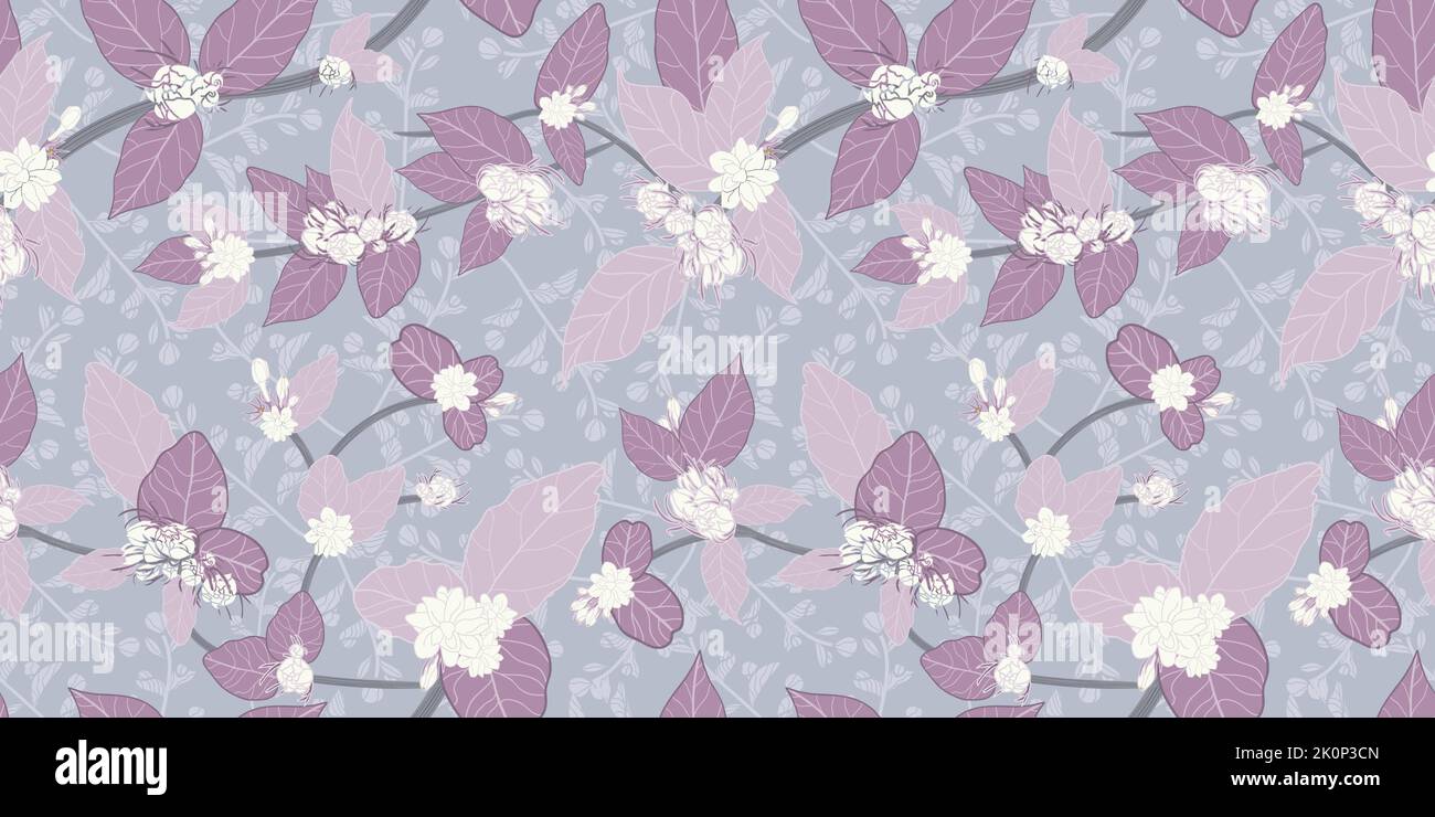 Vector purple leaves white jasmines vines on violet texture background creative Seamless pattern. Stock Vector