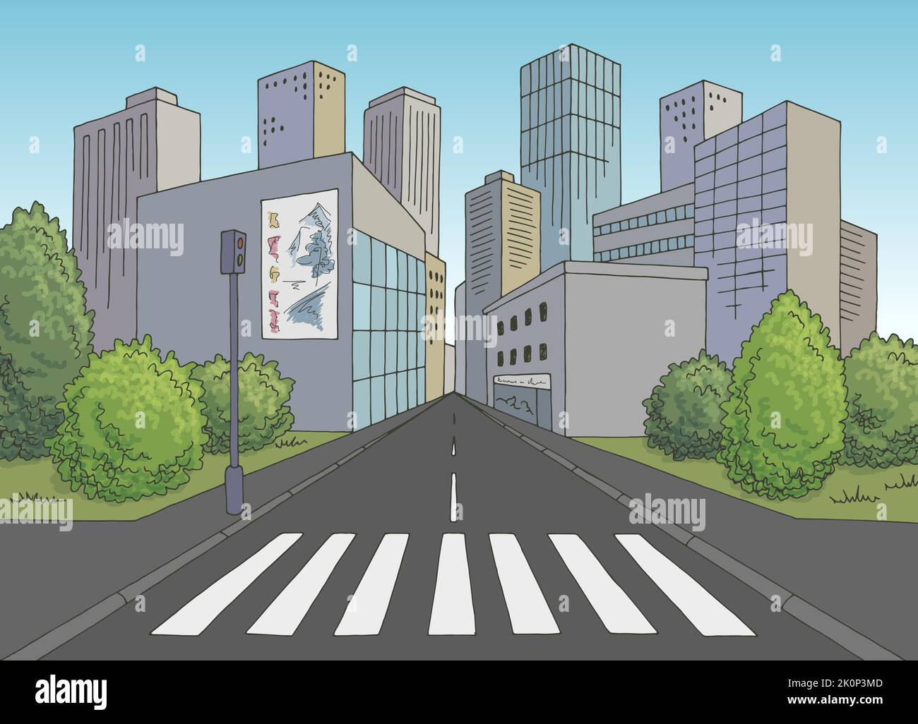 Crosswalk street road graphic color city landscape sketch illustration ...