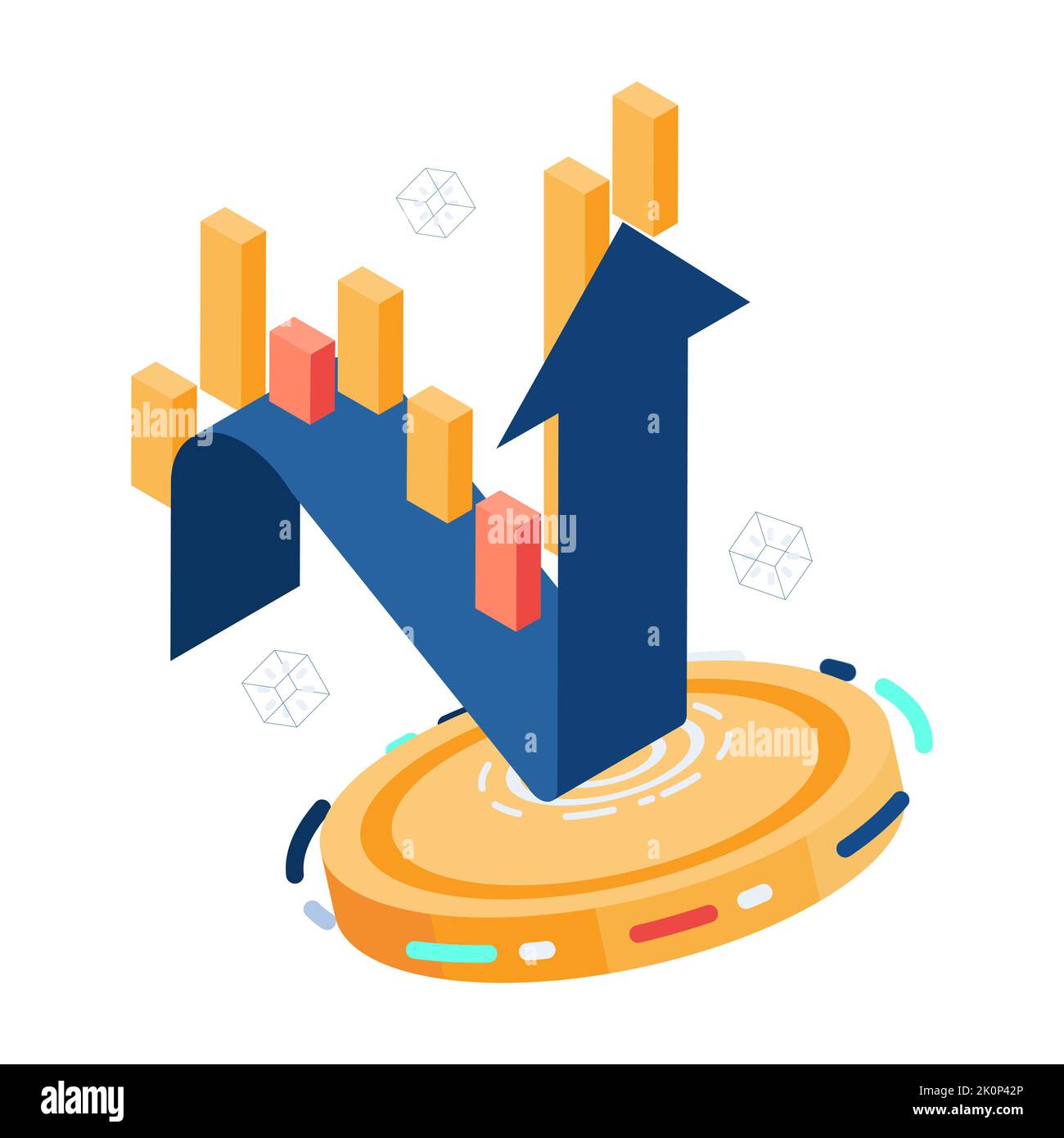 Flat 3d Isometric Coin Reflect Falling Financial Arrow. Cryptocurrency Stablecoin and Financial Concept. Stock Vector