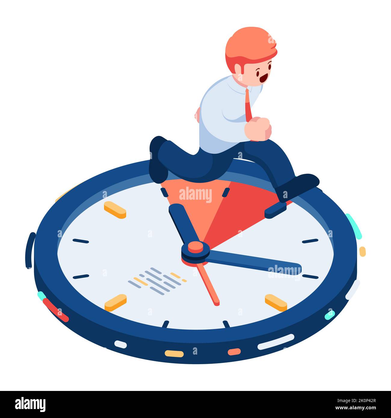 Flat 3d Isometric Businessman Running on Deadline Clock. Business Deadline and Time Management Concept. Stock Vector