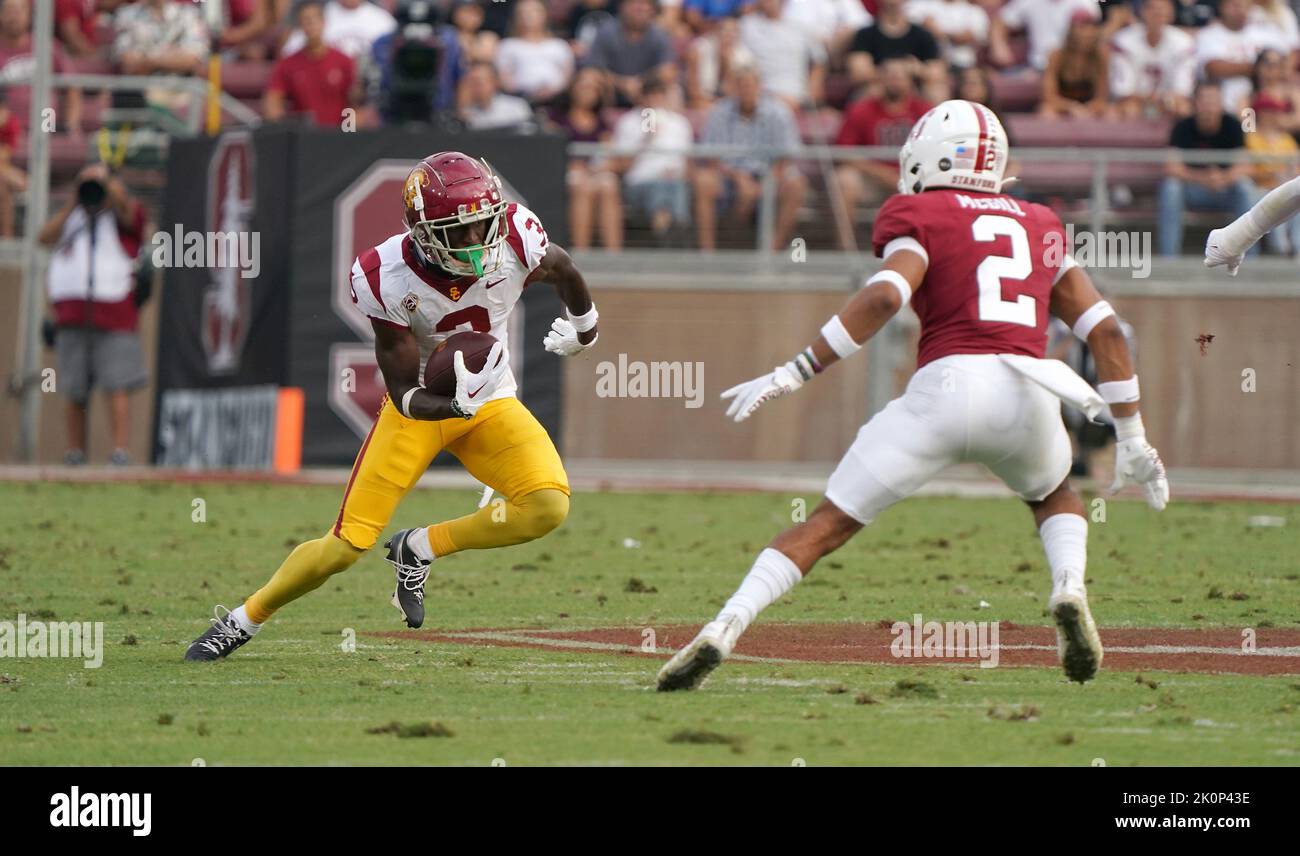 Southern California Trojans wide receiver Jordan Addison (3) carries the ball against the Stanford Cardinal during a NCAA college Football game, Saturday, Sept. 10, 2022, in Stanford, Calif. (Gerome Wright/Image of Sport) Stock Photo