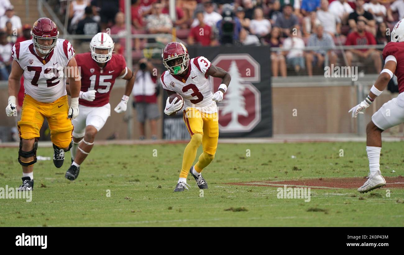 Southern California Trojans wide receiver Jordan Addison (3) carries the ball against the Stanford Cardinal during a NCAA college Football game, Saturday, Sept. 10, 2022, in Stanford, Calif. (Gerome Wright/Image of Sport) Stock Photo