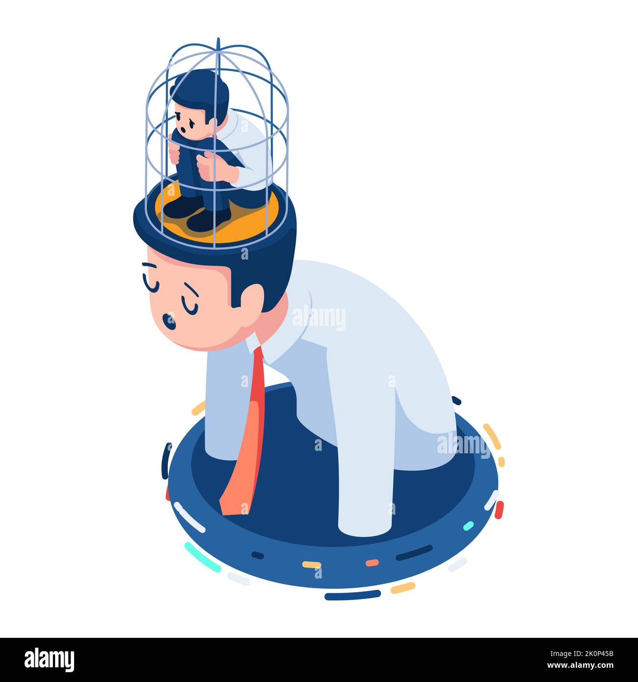 Flat 3d Isometric Depressed Businessman Stucking Inside His Head. Burnout from Overwork Concept. Stock Vector