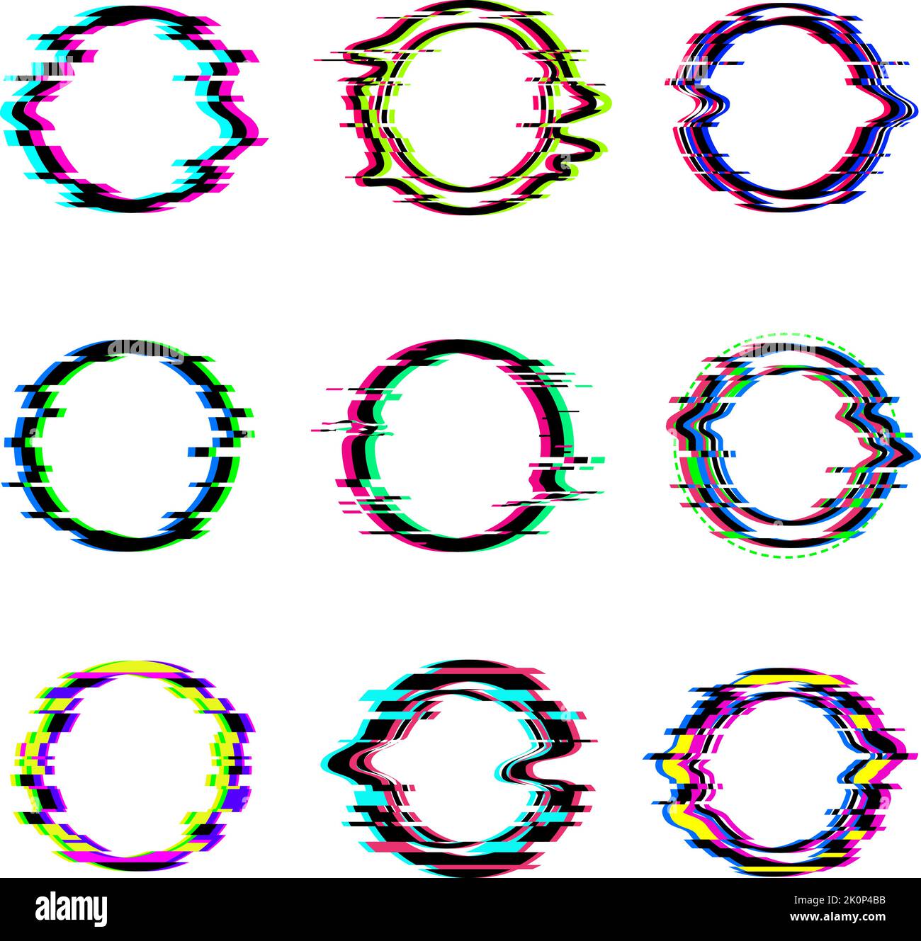 Glitch circles. Round glitched digital frames dynamic broken television signal visualization rings recent vector pixel noise templates Stock Vector