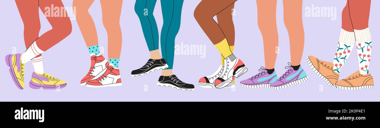 Legs in shoes and sneakers. Girl wearing fitness boots with sock. Flat teenager casual footwear, colored stylish socks. Fashion sport walking decent Stock Vector