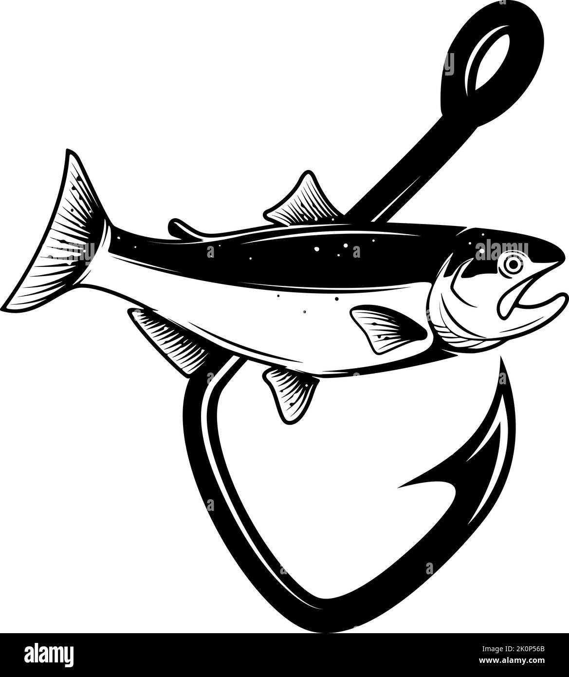Salmon and fishing hook. Design element for emblem, sign, badge, logo. Vector illustration Stock Vector