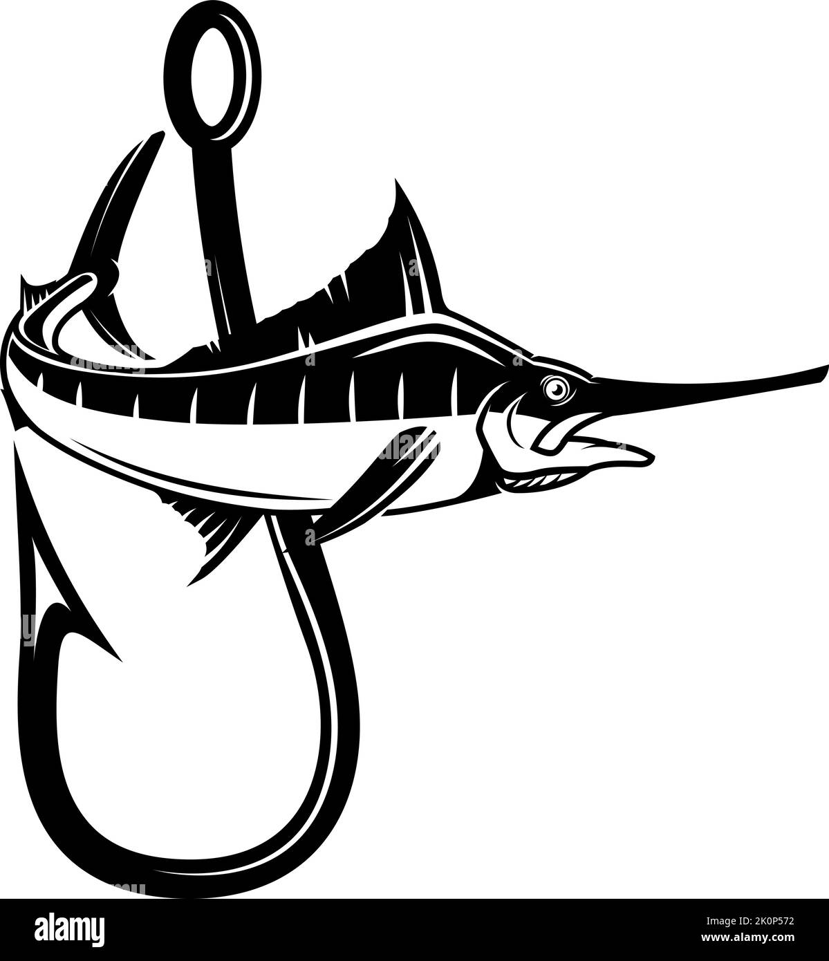 Swordfish and fishing hook. Design element for emblem, sign, badge, logo. Vector illustration Stock Vector
