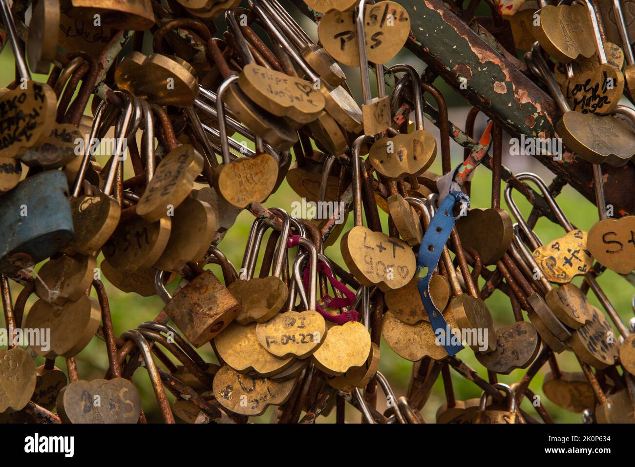Paris, France. August 2022. Love locks on the fence at the Sacre Coeur in Paris. High quality photo Stock Photo