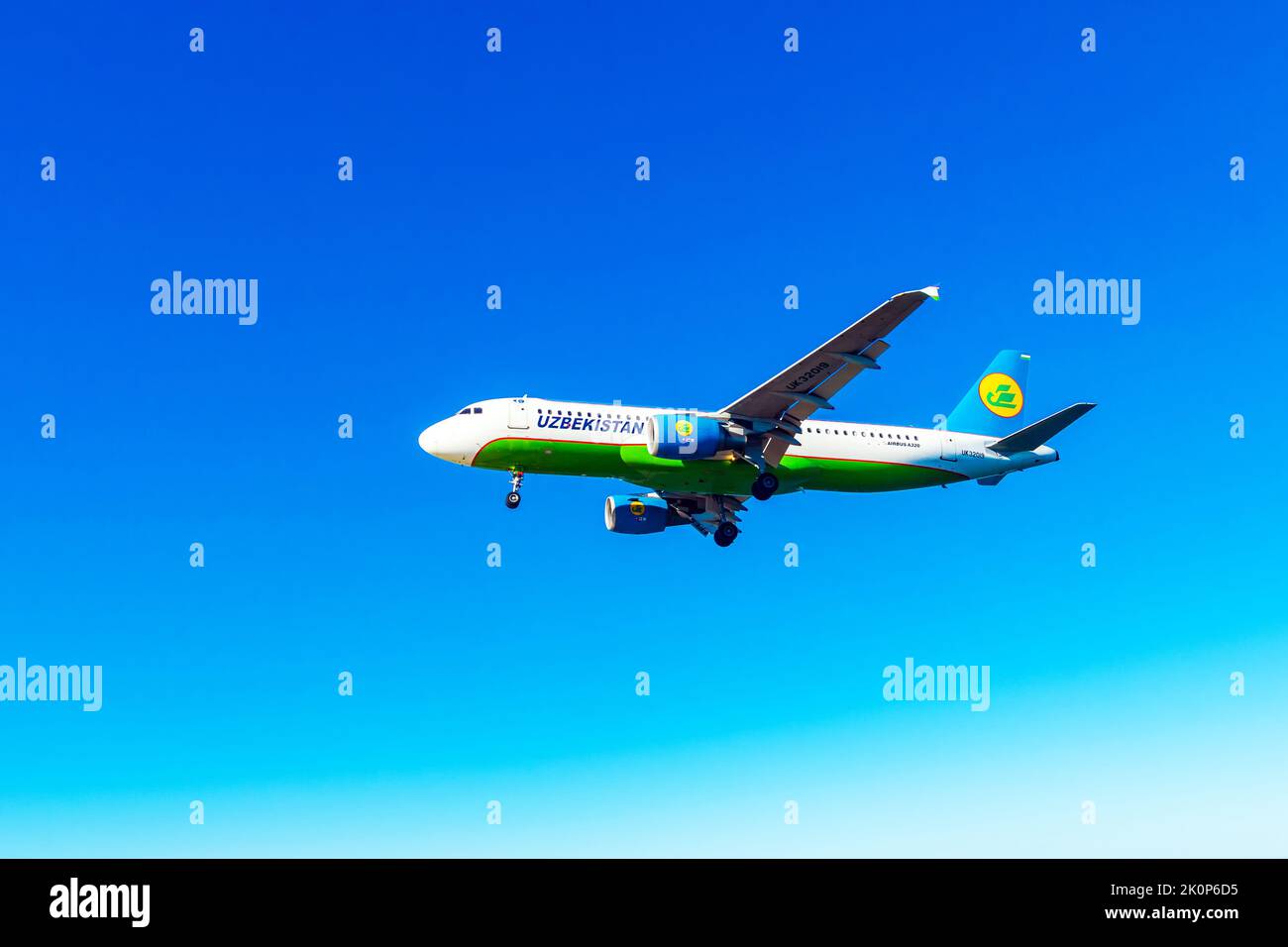 Airbus A320 departing from Tashkent in excellent sunny weather lands at Batumi airport Stock Photo