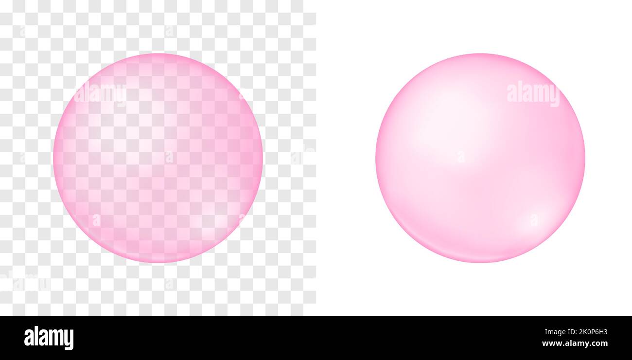 Pink bubble on transparent and white background. Cherry or strawberry bubble gum. Element of soap foam, bath suds, cleanser liquid, sweet carbonated water. Vector realistic illustration Stock Vector