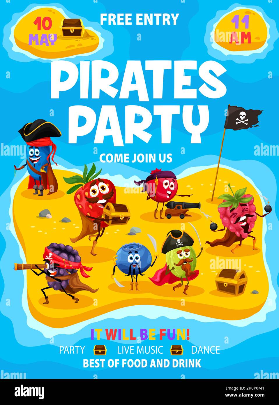 Pirates party flyer. Cartoon berry pirates and corsairs on island. Kids holiday or party vertical vector flyer with honeyberry, strawberry and blackberry, blueberry, cowberry pirates personages Stock Vector