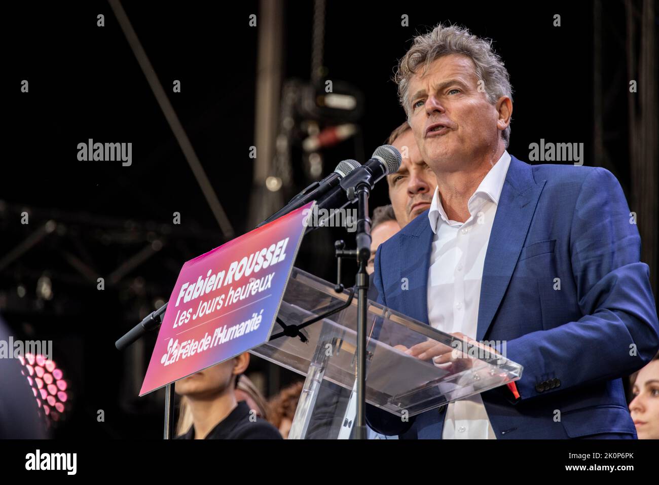 Bretigny sur Orge, France. 10th Sep, 2022. Fabien Roussel, national secretary of the PCF speaks during the Fete of Humanite on September 10, 2022. Stock Photo