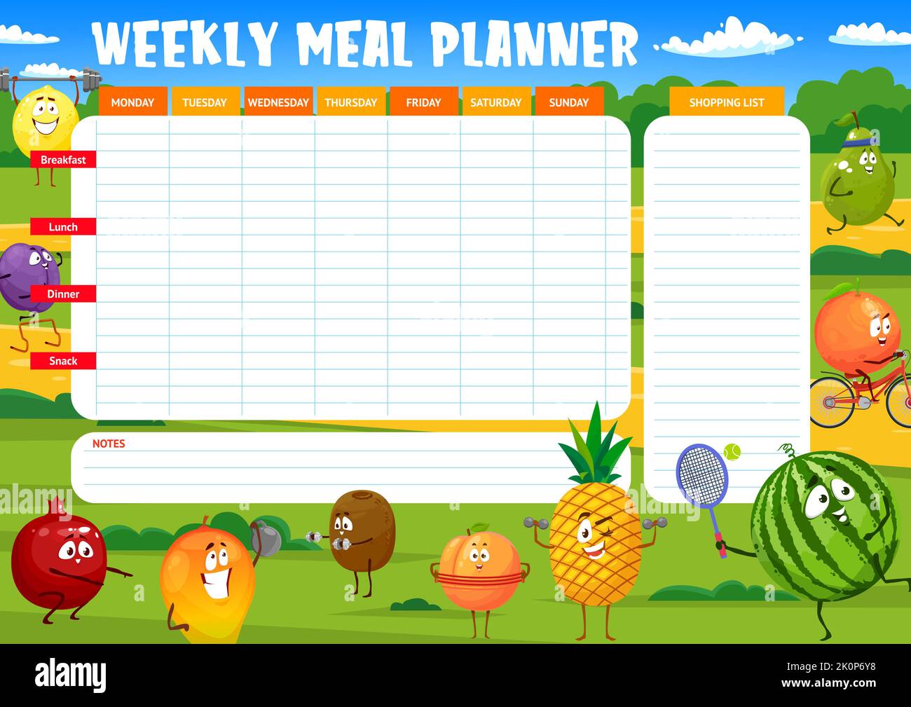 Cartoon cheerful fruits on sport and fitness. Weekly meal planner ...