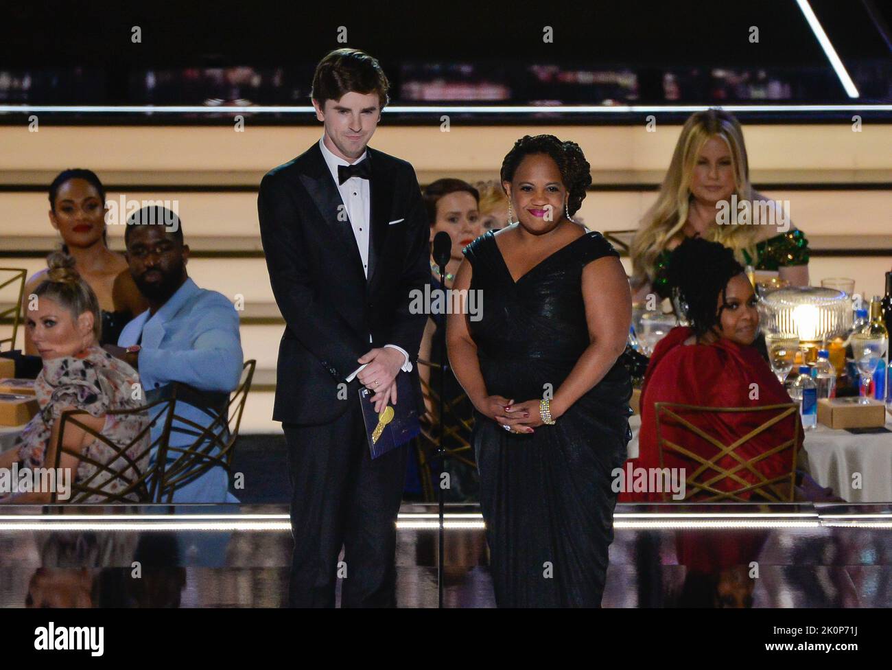 Los Angeles, United States. 12th Sep, 2022. (L-R) Freddie Highmore and Chandra Wilson speak onstage during the 74th annual Primetime Emmy Awards at the Microsoft Theater in Los Angeles on Monday, September 12, 2022. Photo by Mike Goulding/UPI Credit: UPI/Alamy Live News Credit: UPI/Alamy Live News Credit: UPI/Alamy Live News Stock Photo