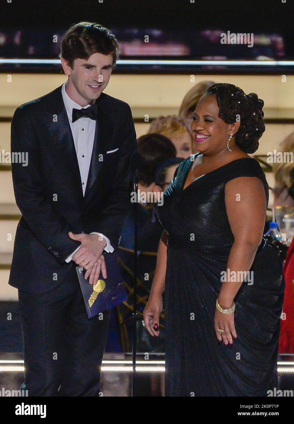 Los Angeles, United States. 12th Sep, 2022. (L-R) Freddie Highmore and Chandra Wilson speak onstage during the 74th annual Primetime Emmy Awards at the Microsoft Theater in Los Angeles on Monday, September 12, 2022. Photo by Mike Goulding/UPI Credit: UPI/Alamy Live News Credit: UPI/Alamy Live News Credit: UPI/Alamy Live News Stock Photo