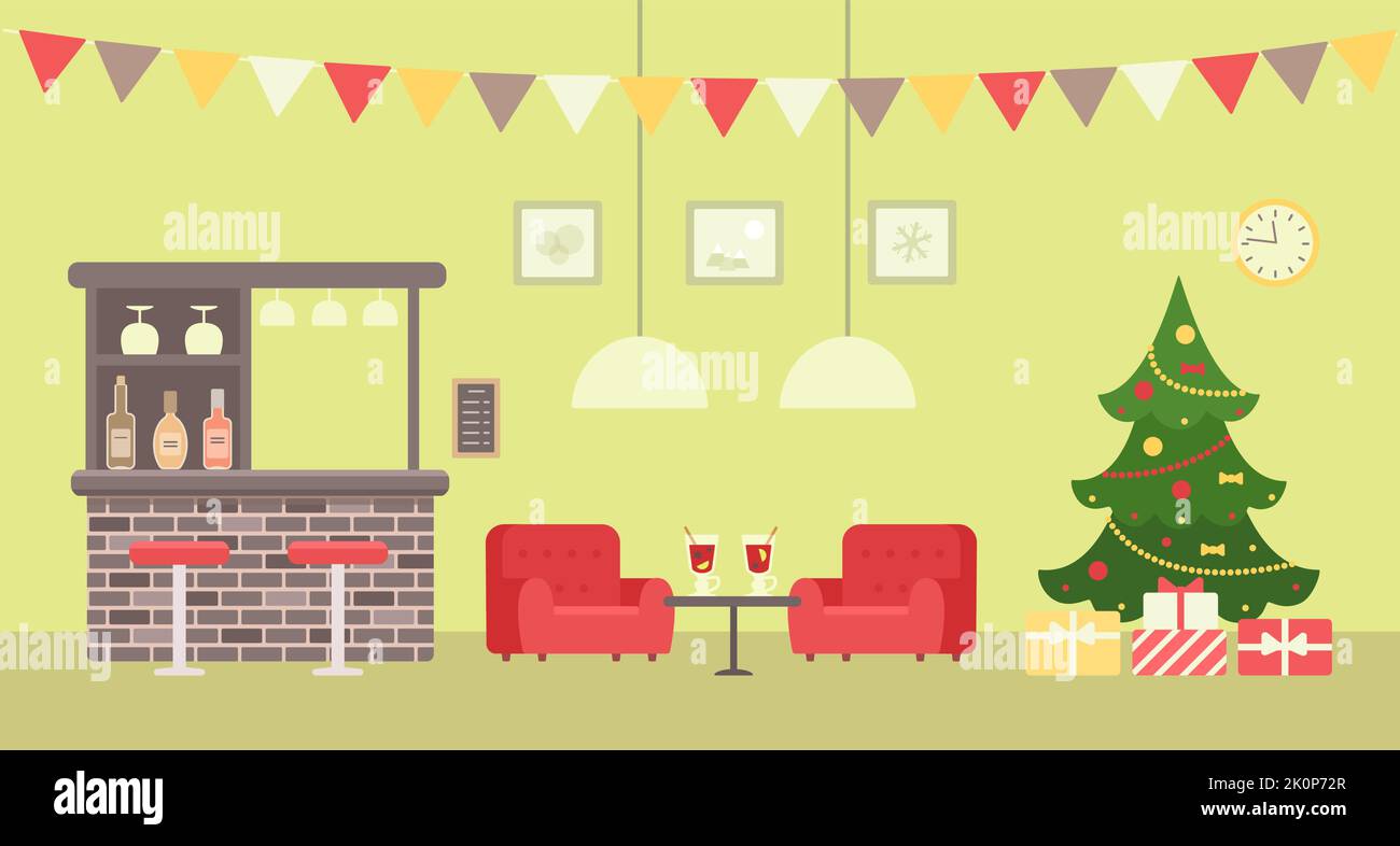 Christmas tree, bar counter, two cozy threequarter armchairs and glasses with mulled wine on
