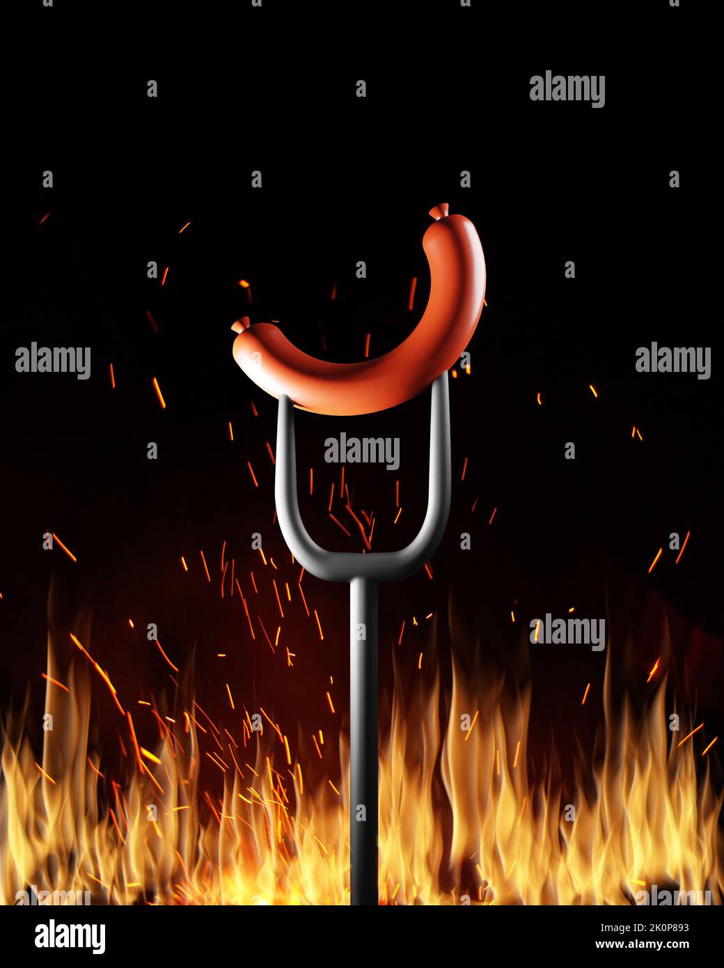 Grill or barbecue cookout concept. Bangers sausage on fork over the fire on black background Stock Photo