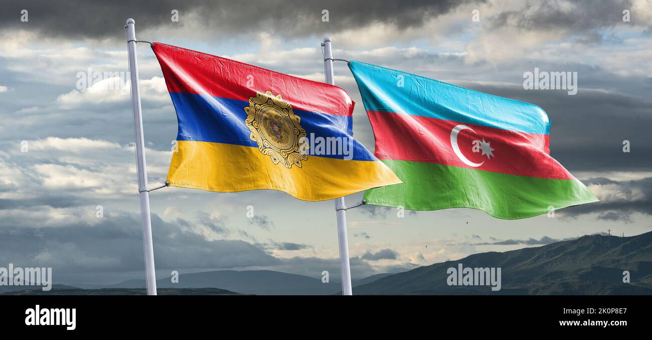 between Azerbaijan, Armenia Flag of Armenia Flag of Azerbaijan nagorno-karabakh conflict Stock Photo