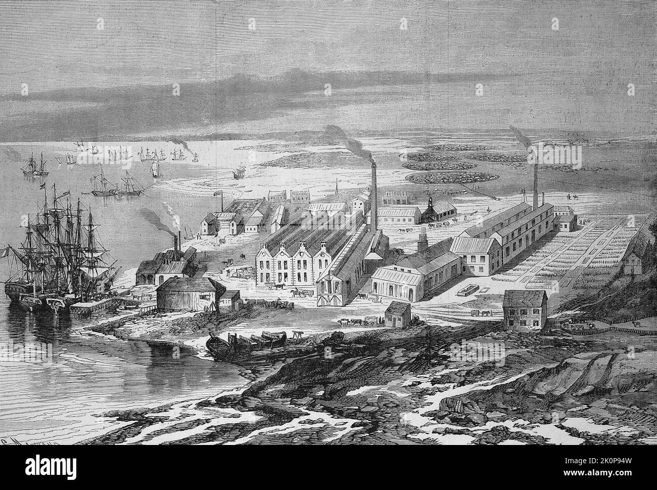 Firmengebäude der Firma Liebig zur Produktion von Fleischextrakt, Liebig’s Extract of Meat Company in Fray Bentos, 1869, Uruguay  /  Liebig's company building for the production of meat extract, Liebig's Extract of Meat Company in Fray Bentos, 1869, Uruguay, Historisch, digital restaurierte Reproduktion einer Originalvorlage aus dem 19. Jahrhundert, genaues Originaldatum nicht bekannt  /  historical, digital improved reproduction of an original from the 19th century, Stock Photo