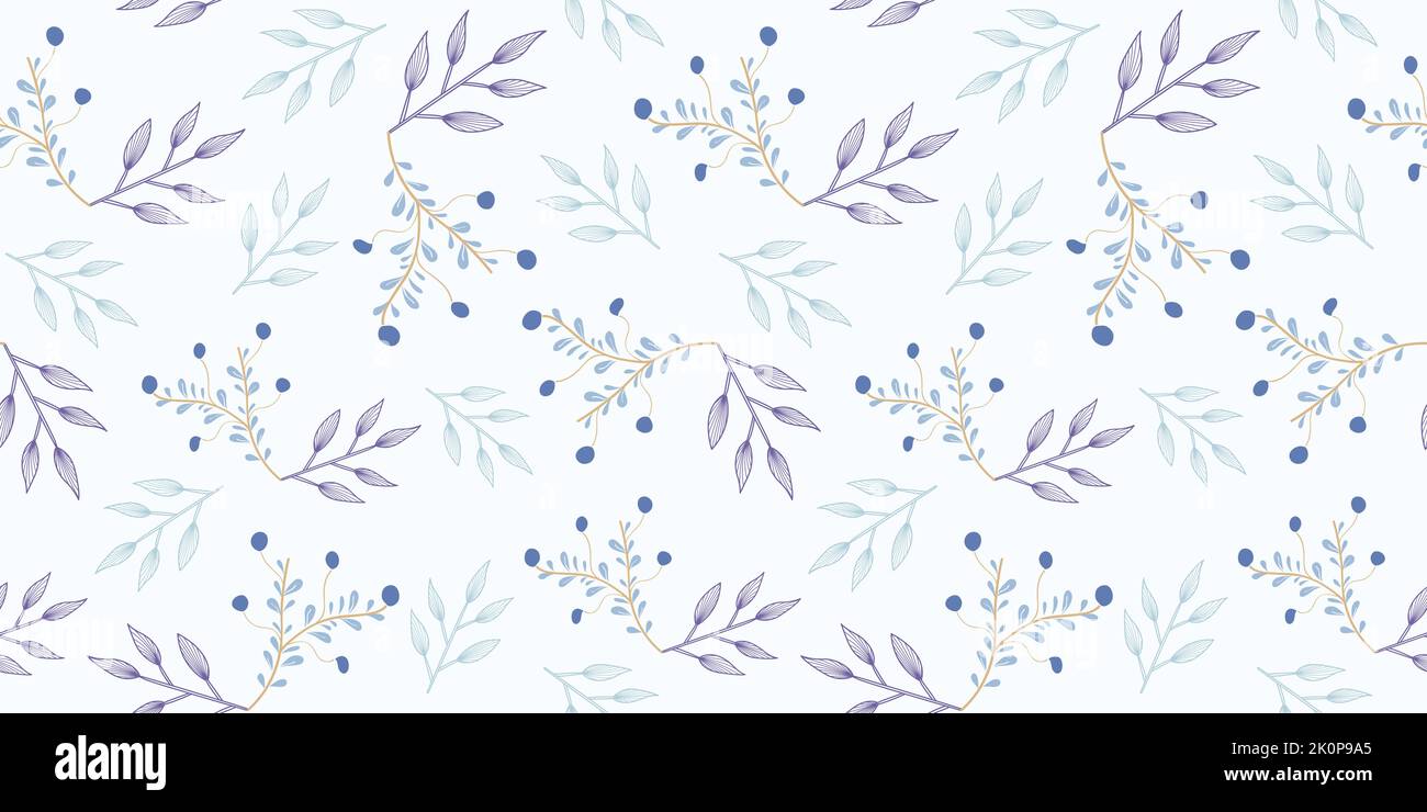 Vector artistic blue hand drawn botanical ornamental elements leaves on light, seamless pattern. Stock Vector